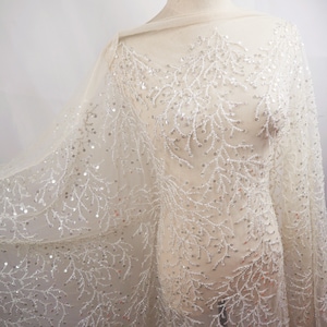 light champagne tulle beaded lace fabric by the yard, silver beads sequins leaf style embroidered lace for bridal wedding accessories