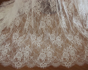 off white french floral lace fabric, ivory Chantilly lace fabric, high quality eyelash bridal lace for wedding 150cm wide