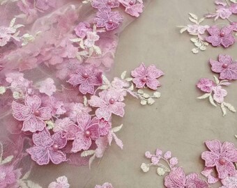 Rosa 3D-blomspetstyg, 3D-blommor pärlbroderi spetsapplikation för brudtärna bröllop tygtillbehör