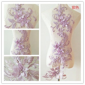 Applique de dentelle 3D violet clair, applique de dentelle de fleurs perlées violettes lavande pour corsage à col robes de couture de ballet de danse lyrique