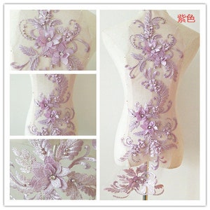 light purple 3D Lace Applique, lavendar purple beaded flowers lace applique for collar bodice Lyrical Dance Ballet Couture Gowns