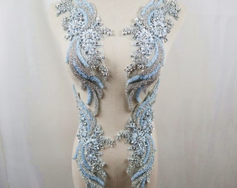 exquisite light blue rhinestone applique, encrusted crystal beaded lace patches for bridal collar sash shoulders bodice wedding accessories