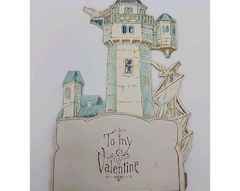 Tarjeta antigua de San Valentín con diseño de faro y barco, troquelada, 14 de febrero de 1912, Alemania, temática náutica.