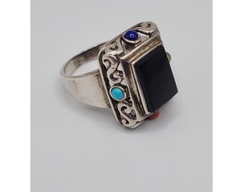 Anillo vintage de plata esterlina con ónix, forma rectangular, diseño grueso en espiral multicolor, talla 10.