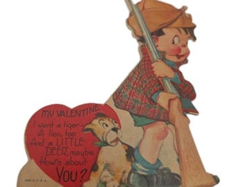 Vintage Valentine Hunter With Hound Dog I Want A Little "Deer" USA Die Cut Color