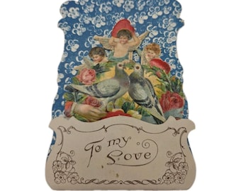 Antique German Die Cut 3D Pop Up Valentines Day Card Dove Cupid To My Love Color