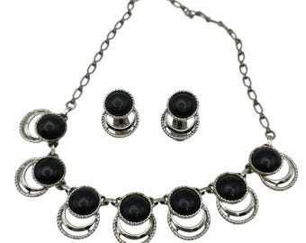 Sarah Coventry Black Cabochon Vintage Bib Choker Statement Necklace Earrings Set