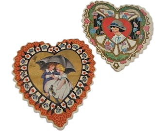 Vintage Valentinstag Karten Herzform sterben geschnitten 1920er Jahre bunt Mädchen Blumen Regenschirm