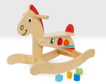 Wooden Rocking Horse 2-in-1 Ride on Toy with Shape Sorter and Blocks for Toddlers