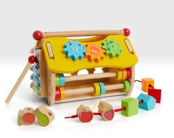 Wooden Activity Play House, Early Development Toy, Lacing Toy, Xylophone for Kids, Beehive Toys