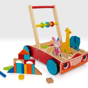 Childrens Wooden Walker, Wooden Toy, Kids Birthday Present, Shape Sorter Toy with Chunky Animals, Beehive Toys