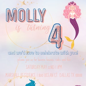 Mermaid Birthday Party Invitation, DIGITAL INVITATION, Customizable