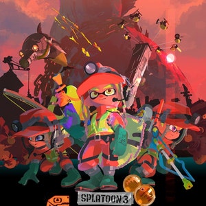 May include: A video game poster for Splatoon 3 featuring three characters in red and green outfits. The characters are standing in front of a large, red, and black monster. The text on the poster reads "Splatoon 3 Salmon Run Next Wave".