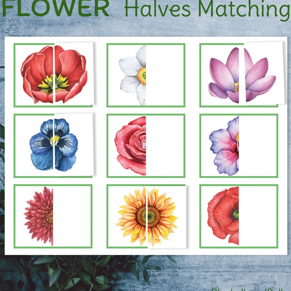 Montessori spring flower puzzle. Toddler matching halves activity. Preschool spring printable.