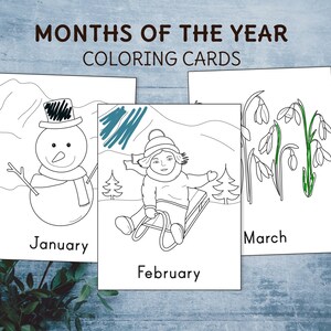 Cartões dos meses do ano para colorir. Páginas para colorir para impressão de pré-escola e jardim de infância.
