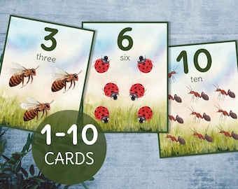 Insect preschool printable number 1-10 flashcards. Toddler watercolor counting cards.