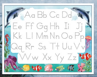 Ocean letter tracing worksheet. Preschool handwriting practice printable.
