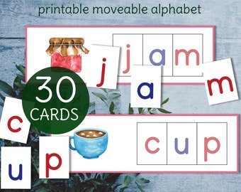 Montessori printable moveable alphabet and CVC word matching cards. Letter recognition for preschoolers. Phonics kindergarten activity.