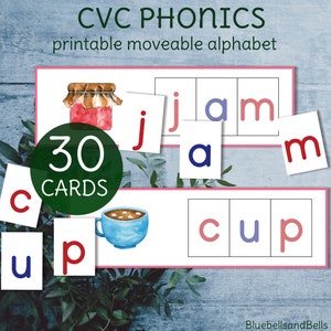 Montessori printable moveable alphabet and CVC word matching cards. Letter recognition for preschoolers. Phonics kindergarten activity.