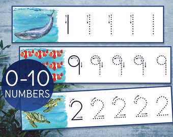 Ocean Number tracing printable. Preschool and kindergarten handwriting practice worksheets.