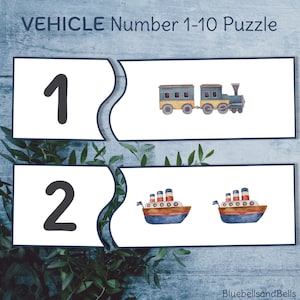 Vehicle number matching printable puzzle. Transport counting activity for toddler and preschoolers.