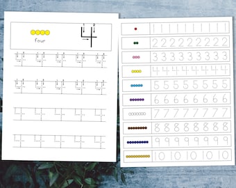 Scala di perline Montessori Fogli di lavoro per tracciare i numeri. Scrittura a mano per l'asilo stampabile.