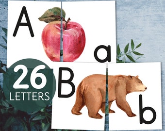 Printable alphabet puzzle. Toddler watercolor letter cards.