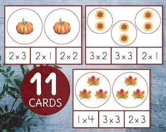 Montessori Fall printable Multiplication groups clip cards. Kindergarten math worksheets.