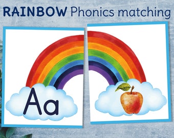 Phonics matching spring printable rainbow puzzle cards. Beginning sound activity for kindergarten and preschool.