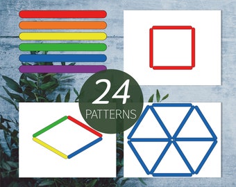 Craft Stick patterns. Preschool shape matching game. Montessori printable.