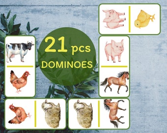 Dominos d'animaux de la ferme. Jeu de tuiles à imprimer pour enfants.