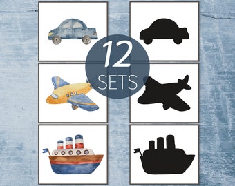 Vehicle shadow matching cards. Montessori toddler printable. Preschool transportation activity.