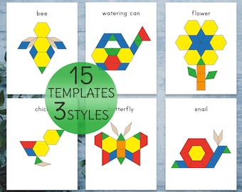 Spring pattern blocks templates. Spring printable preschool and kindergarten activity.