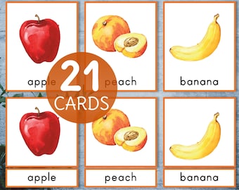 Fruits Montessori three part cards. Vocabulary activity for preschool and kindergarten.