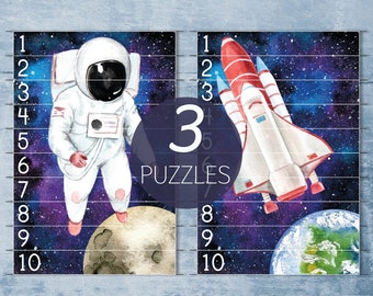 Outer space number sequence 1-10 printable activity. Planets preschool puzzle.