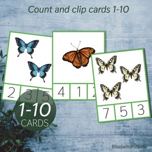 Butterfly count and clip cards 1-10. Preschool summer printable. Homeschool math activity.