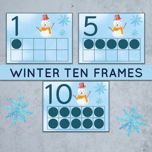 Sneeuwpopnummerkaarten en telmatten 1-10. Montessori winter afdrukbaar. Wiskundeactiviteit voor de kleuterschool.