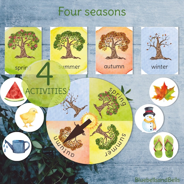 Four seasons printable flashcards, wheel, sorting and tree matching activity.