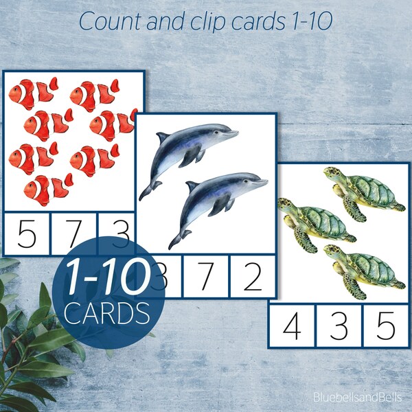 Ocean animal count and clip cards 1-10. Montessori printable.