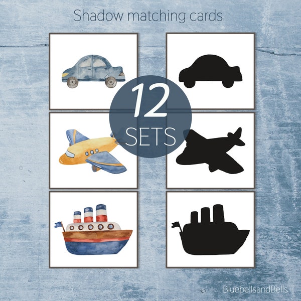 Vehicle shadow matching cards. Montessori toddler printable. Preschool transportation activity.