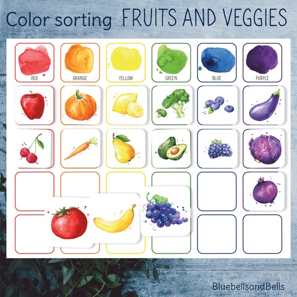 Color matching printable Fruits and Veggies. Toddler sorting activity. Preschool color matching game.