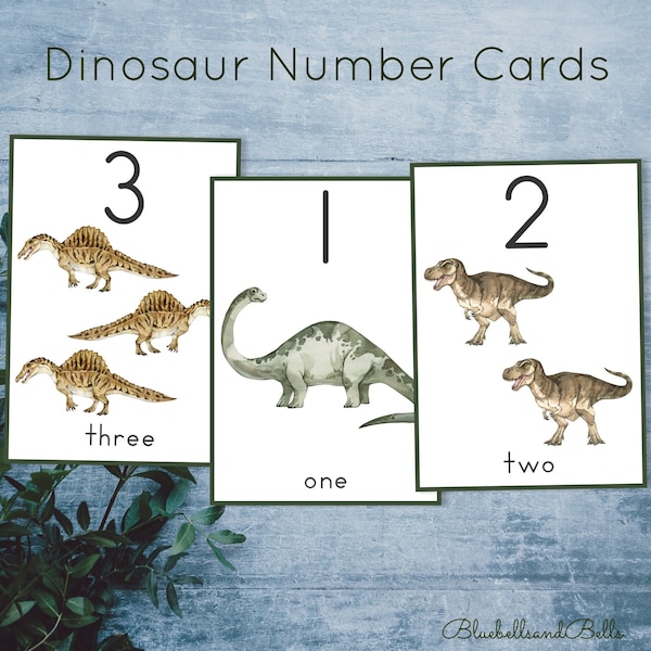 Dinosaur counting cards. Printable Dino number flash cards. Preschool math. Toddler watercolor activity.