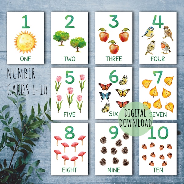 Nature number cards 1-10. Counting cards toddler. Printable nursery wall art. Homeschool digital download.