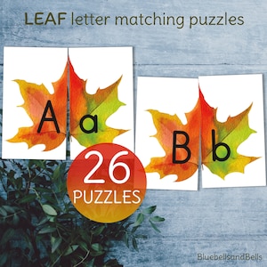 Rompecabezas de combinación de letras de hojas de otoño. Preescolar de otoño Montessori imprimible.