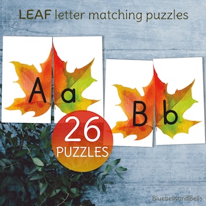 Fall leaf letter matching puzzles. Montessori autumn preschool printable.