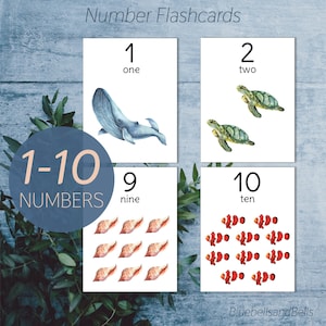 Number 1-10 Flashcards Ocean. Toddler watercolor printable cards. Preschool counting activity.