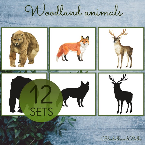 Woodland animal Montessori printable shadow matching cards. Toddler printable activity.