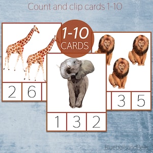 Compte imprimable d'animaux d'Afrique et cartes à clip 1-10. Activité de comptage préscolaire. Maternelle Montessori imprimable.