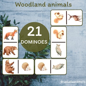 Woodland animal dominoes. Printable preschool game.
