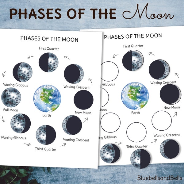 Phases of the moon printable poster, matching activity and flashcards. Northern Hemisphere.